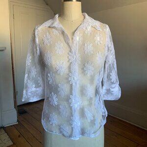 Vintage In Charge White Floral Daisy Lace Button Up Blouse Sheer Collared Shirt